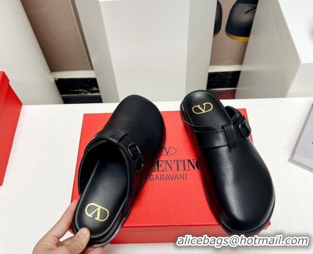 Duplicate Valentino VLogo Flat Mules in Calf Leather Black 330156