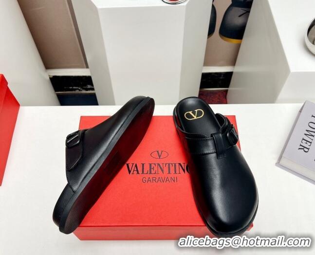 Duplicate Valentino VLogo Flat Mules in Calf Leather Black 330156