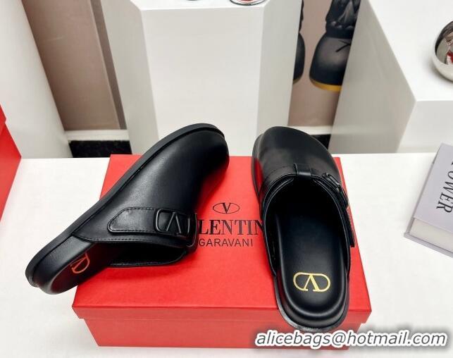 Duplicate Valentino VLogo Flat Mules in Calf Leather Black 330156