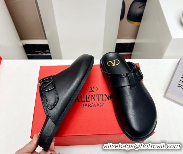 Duplicate Valentino VLogo Flat Mules in Calf Leather Black 330156