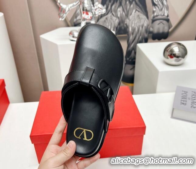 Duplicate Valentino VLogo Flat Mules in Calf Leather Black 330156