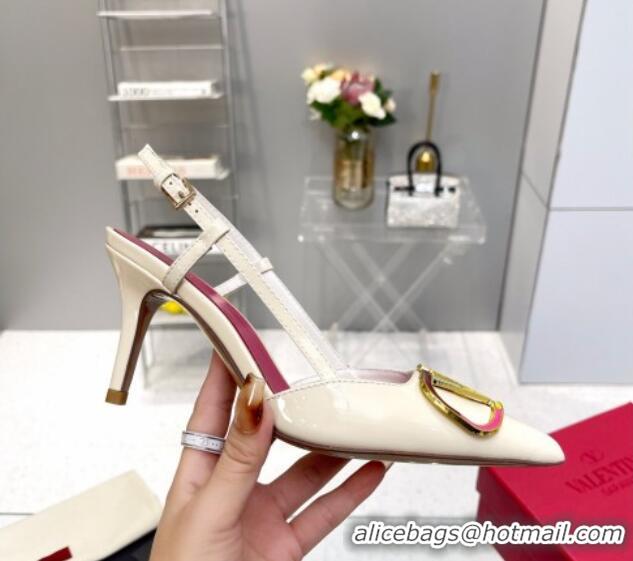 Top Grade Valentino Painted VLogo Slingback Pumps 7.5cm in White Patent Leather 403004