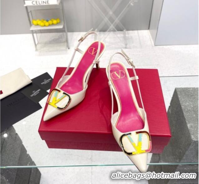 Top Grade Valentino Painted VLogo Slingback Pumps 7.5cm in White Patent Leather 403004