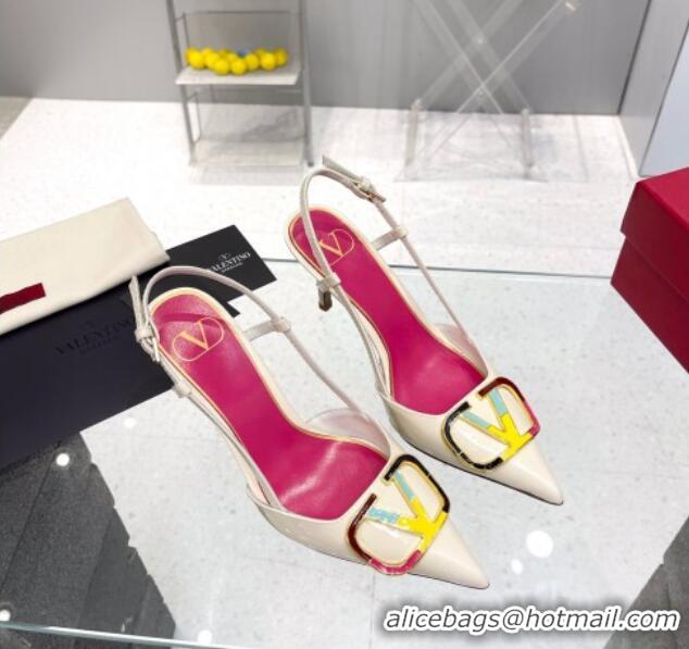 Top Grade Valentino Painted VLogo Slingback Pumps 7.5cm in White Patent Leather 403004