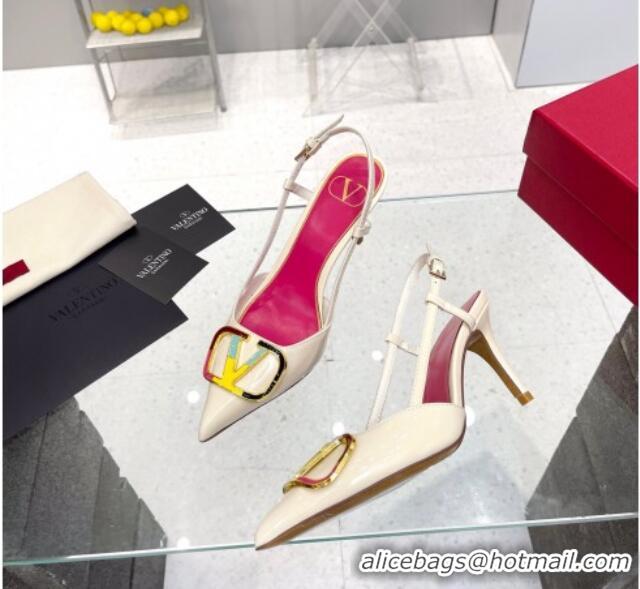 Top Grade Valentino Painted VLogo Slingback Pumps 7.5cm in White Patent Leather 403004