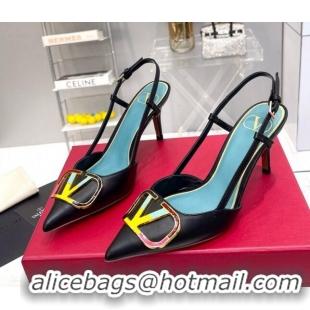 Good Looking Valentino Painted VLogo Slingback Pumps 7.5cm in Black Matte Leather 403006