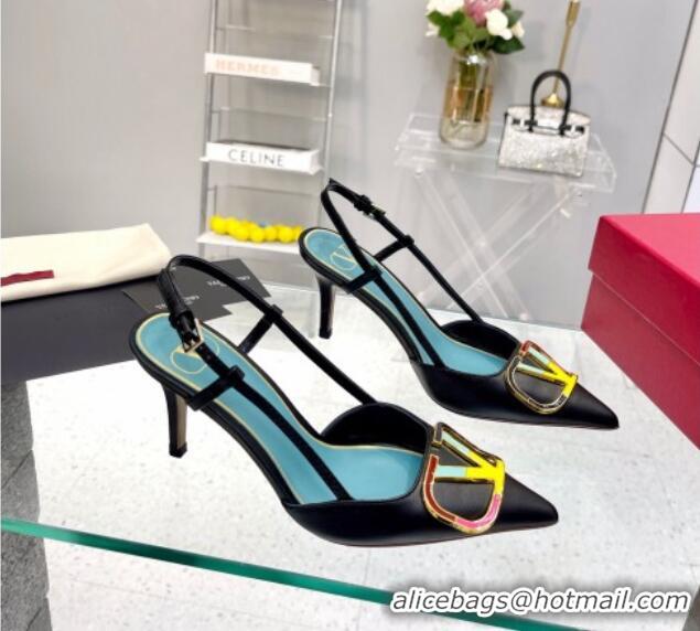 Good Looking Valentino Painted VLogo Slingback Pumps 7.5cm in Black Matte Leather 403006