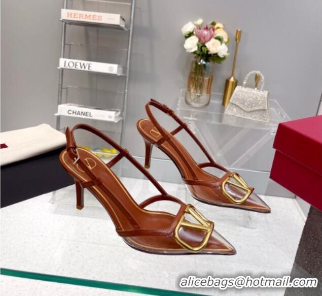 Good Quality Valentino VLogo Slingback Pumps 7.5cm in PVC and Brown Leather 403010