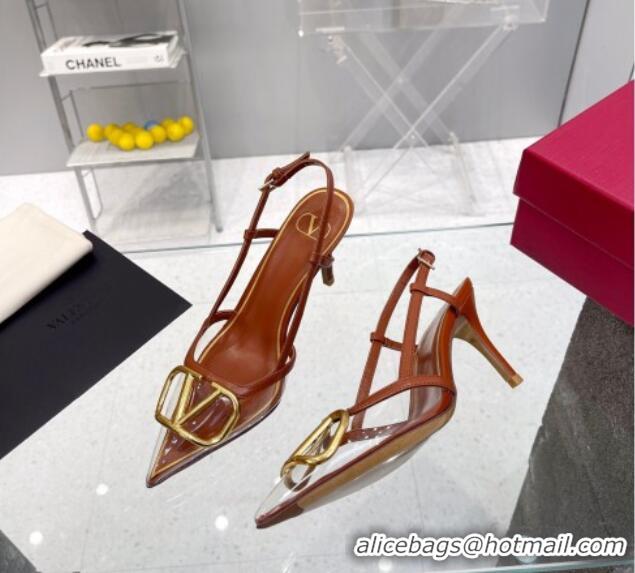 Good Quality Valentino VLogo Slingback Pumps 7.5cm in PVC and Brown Leather 403010