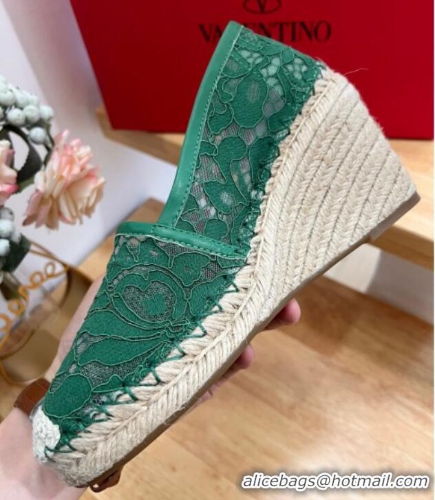 Top Design Valentino Lace Wedge Espadrilles 9cm Green 403016