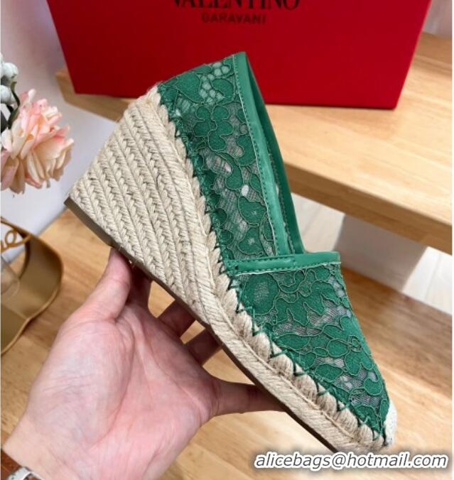 Top Design Valentino Lace Wedge Espadrilles 9cm Green 403016