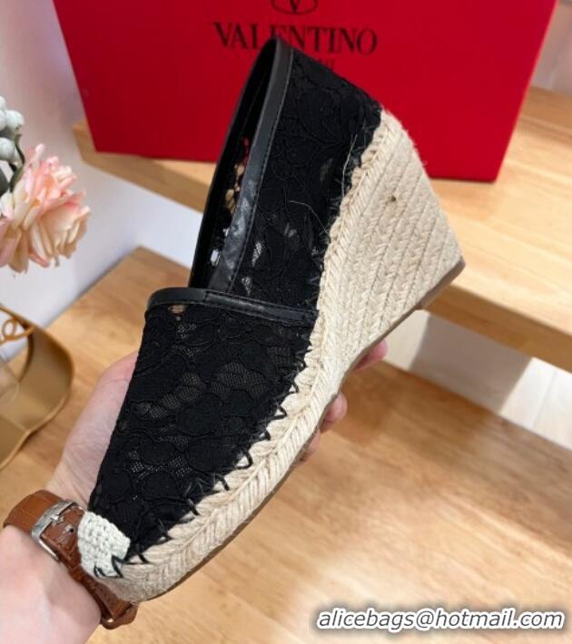 Hot Style Valentino Lace Wedge Espadrilles 9cm Black 403017