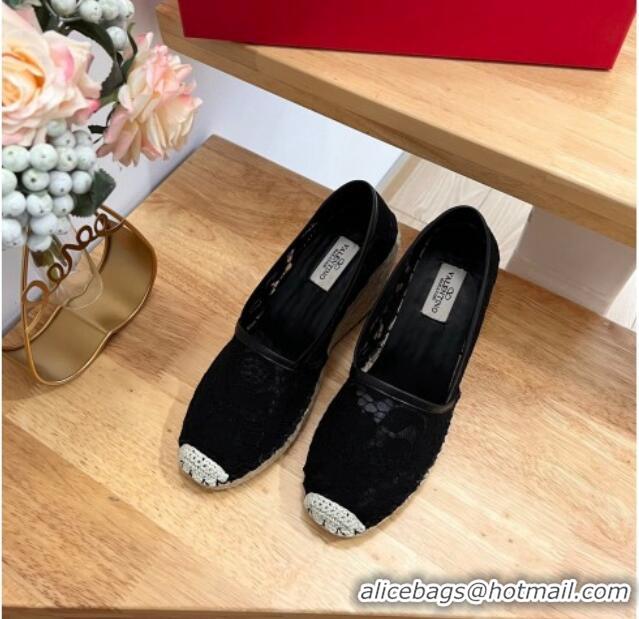 Hot Style Valentino Lace Wedge Espadrilles 9cm Black 403017