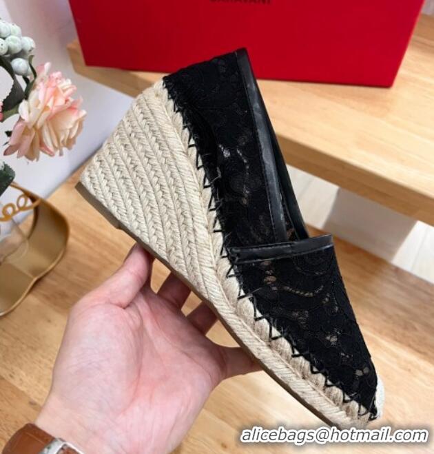 Hot Style Valentino Lace Wedge Espadrilles 9cm Black 403017