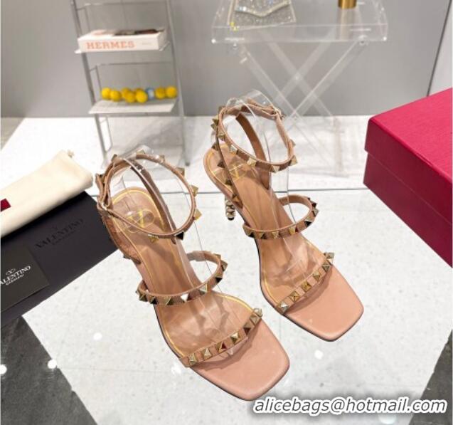 Pretty Style Valentino Rockstud Calfskin Sandals 9cm with Sculpted Heel Nude/Gold 403019