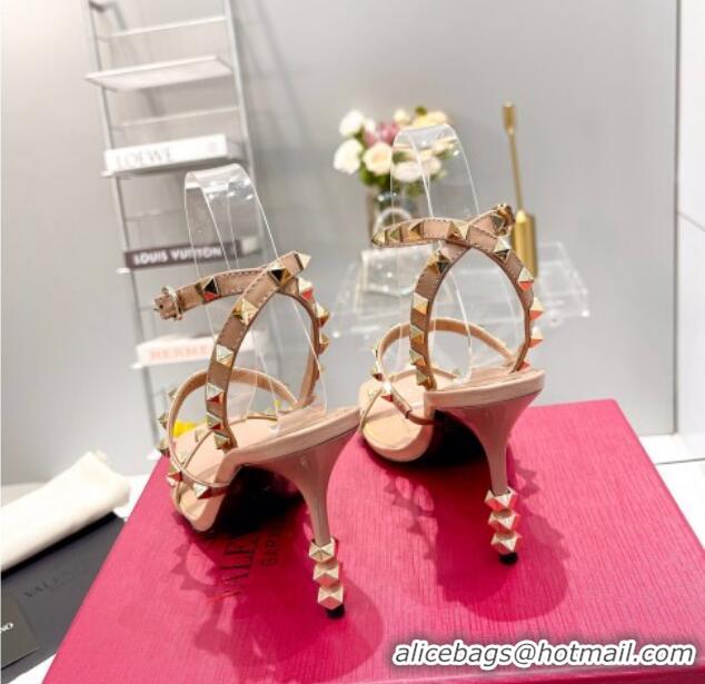 Pretty Style Valentino Rockstud Calfskin Sandals 9cm with Sculpted Heel Nude/Gold 403019