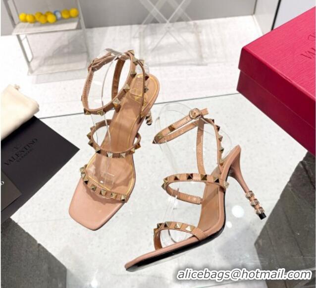 Pretty Style Valentino Rockstud Calfskin Sandals 9cm with Sculpted Heel Nude/Gold 403019