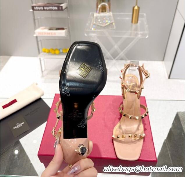 Pretty Style Valentino Rockstud Calfskin Sandals 9cm with Sculpted Heel Nude/Gold 403019