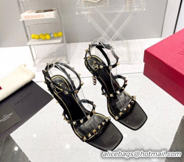 Best Price Valentino Rockstud Calfskin Sandals 9cm with Sculpted Heel Black/Gold 403020