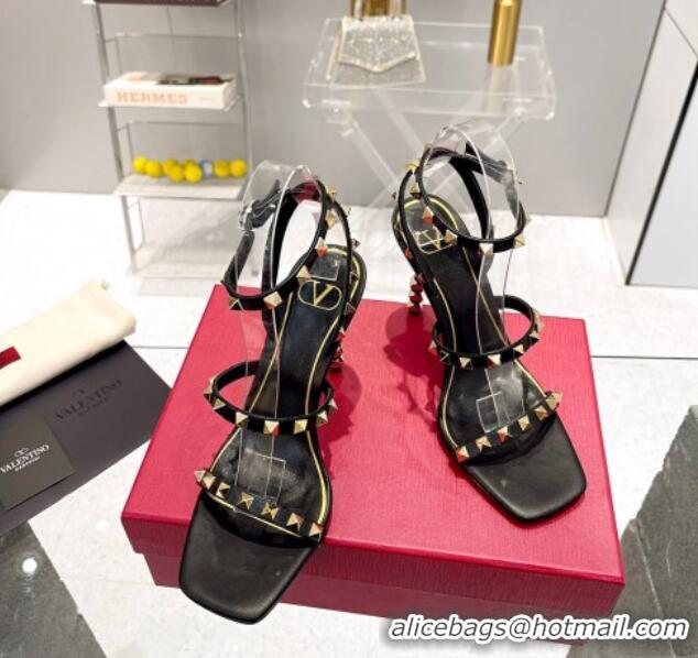 Best Price Valentino Rockstud Calfskin Sandals 9cm with Sculpted Heel Black/Gold 403020