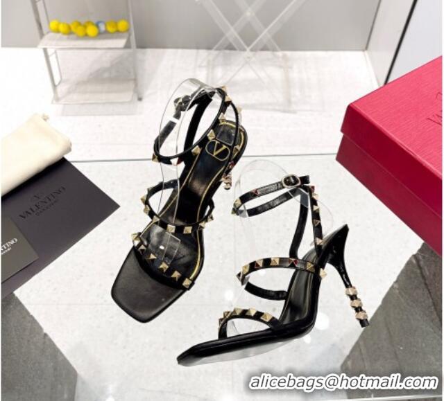 Best Price Valentino Rockstud Calfskin Sandals 9cm with Sculpted Heel Black/Gold 403020