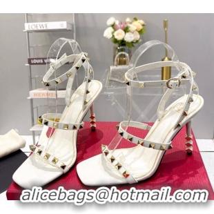 Best Product Valentino Rockstud Calfskin Sandals 9cm with Sculpted Heel White/Gold 403021