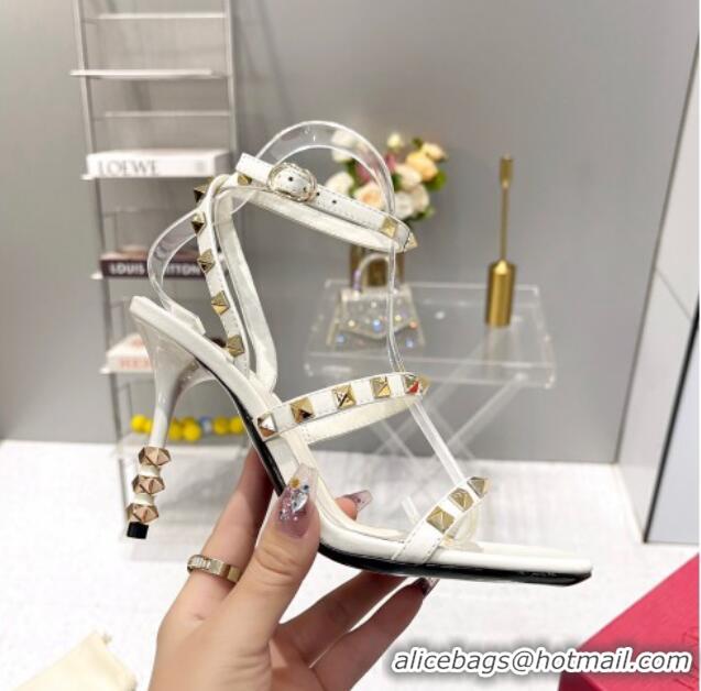 Best Product Valentino Rockstud Calfskin Sandals 9cm with Sculpted Heel White/Gold 403021