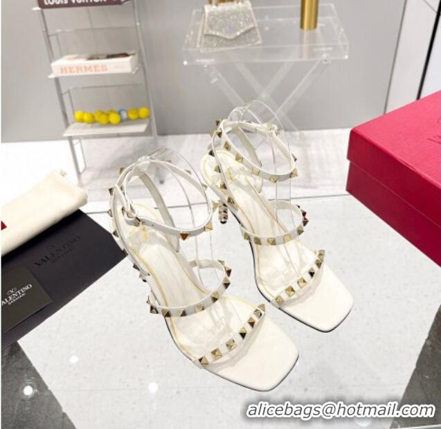 Best Product Valentino Rockstud Calfskin Sandals 9cm with Sculpted Heel White/Gold 403021