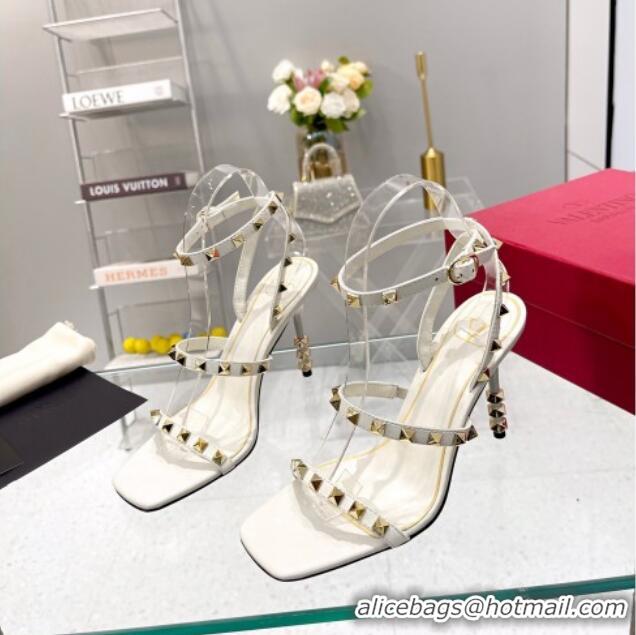 Best Product Valentino Rockstud Calfskin Sandals 9cm with Sculpted Heel White/Gold 403021