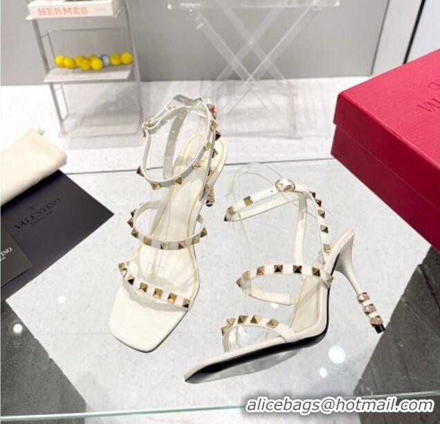 Best Product Valentino Rockstud Calfskin Sandals 9cm with Sculpted Heel White/Gold 403021