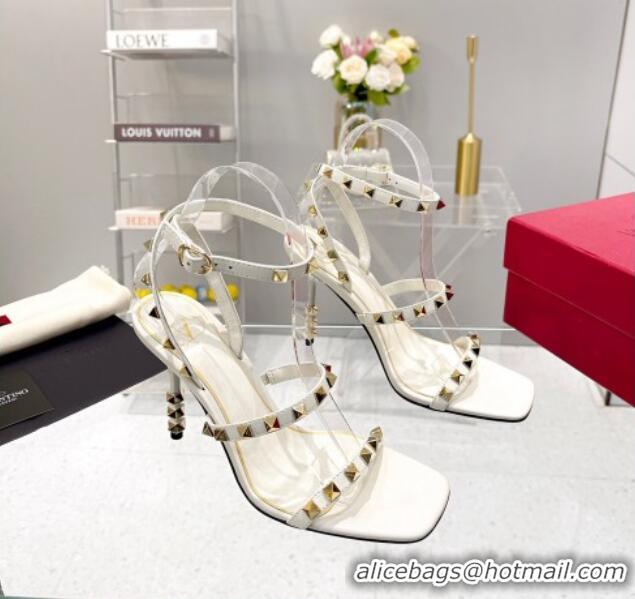 Best Product Valentino Rockstud Calfskin Sandals 9cm with Sculpted Heel White/Gold 403021