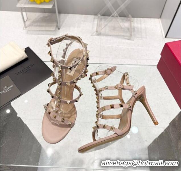 Classic Hot Valentino Rockstud Ankle Strap Heel Calfskin Sandals 9cm Nude Pink 403023