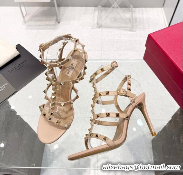 Most Popular Valentino Rockstud Ankle Strap Heel Calfskin Sandals 9cm Beige 403024