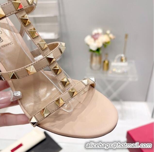 Most Popular Valentino Rockstud Ankle Strap Heel Calfskin Sandals 9cm Beige 403024