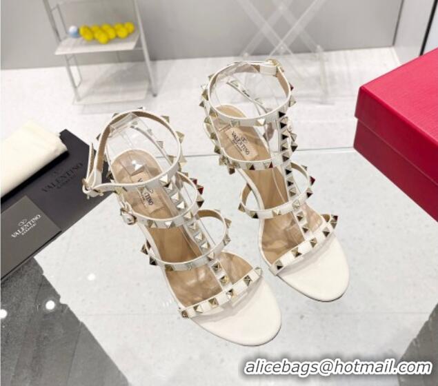 Good Quality Valentino Rockstud Ankle Strap Heel Calfskin Sandals 9cm White 403025