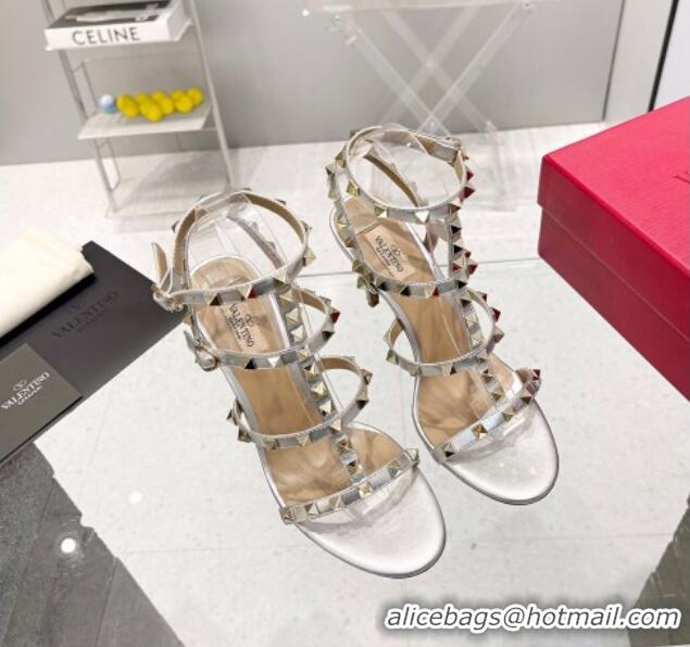 Top Grade Valentino Rockstud Ankle Strap Heel Calfskin Sandals 9cm Silver 403027