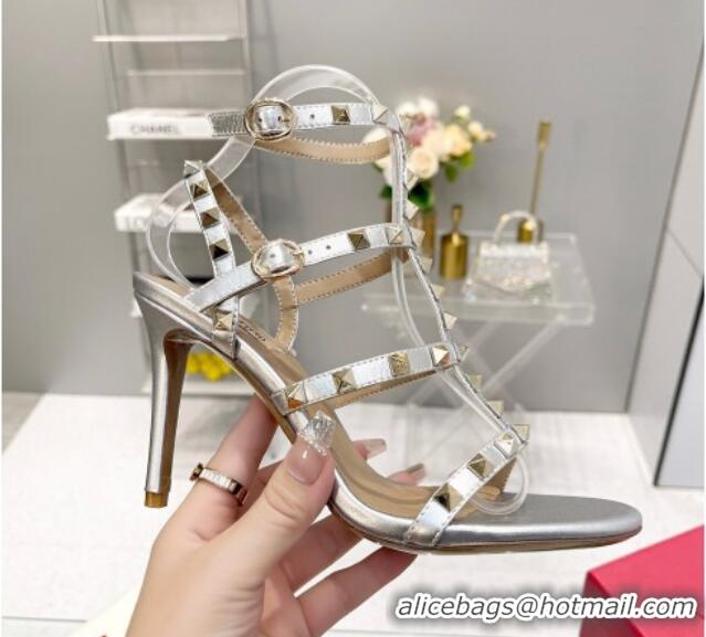 Top Grade Valentino Rockstud Ankle Strap Heel Calfskin Sandals 9cm Silver 403027