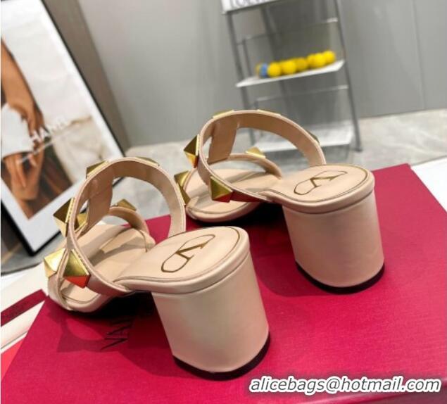 Good Looking Valentino Roman Stud Leather Medium Heel Slide Sandals 6cm Nude 403033