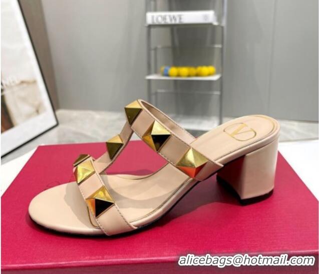 Good Looking Valentino Roman Stud Leather Medium Heel Slide Sandals 6cm Nude 403033