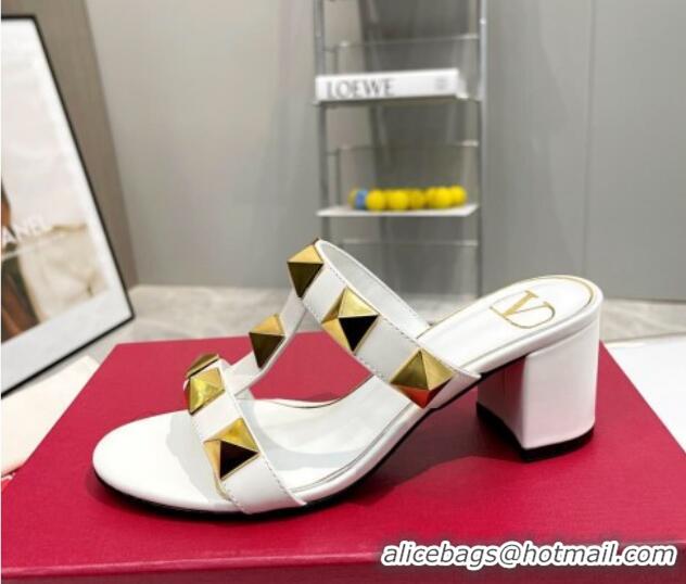 Best Price Valentino Roman Stud Leather Medium Heel Slide Sandals 6cm White 403034