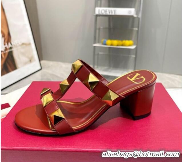 Hot Style Valentino Roman Stud Leather Medium Heel Slide Sandals 6cm Burgundy 403035