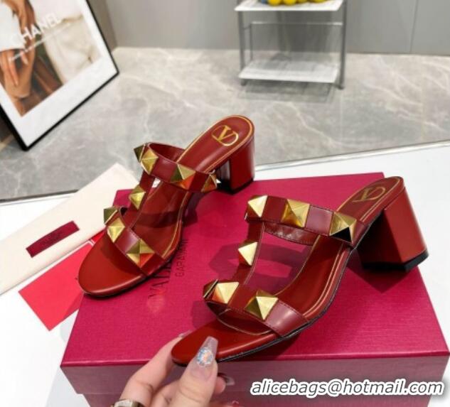 Hot Style Valentino Roman Stud Leather Medium Heel Slide Sandals 6cm Burgundy 403035