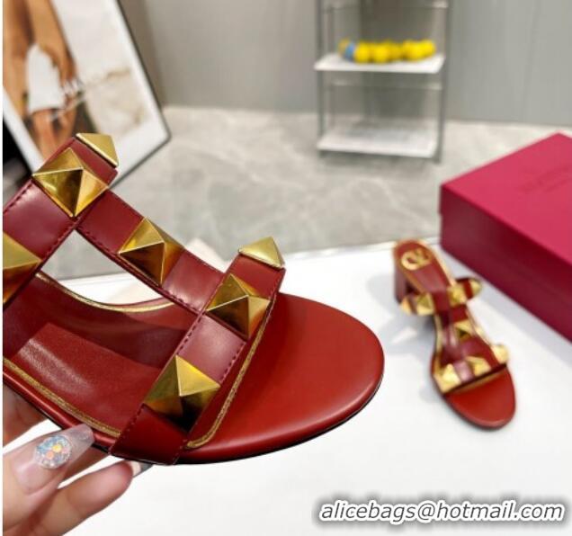 Hot Style Valentino Roman Stud Leather Medium Heel Slide Sandals 6cm Burgundy 403035