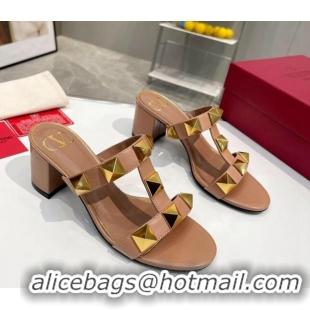 Top Design Valentino Roman Stud Leather Medium Heel Slide Sandals 6cm Light Brown 403036