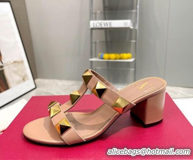 Top Design Valentino Roman Stud Leather Medium Heel Slide Sandals 6cm Light Brown 403036