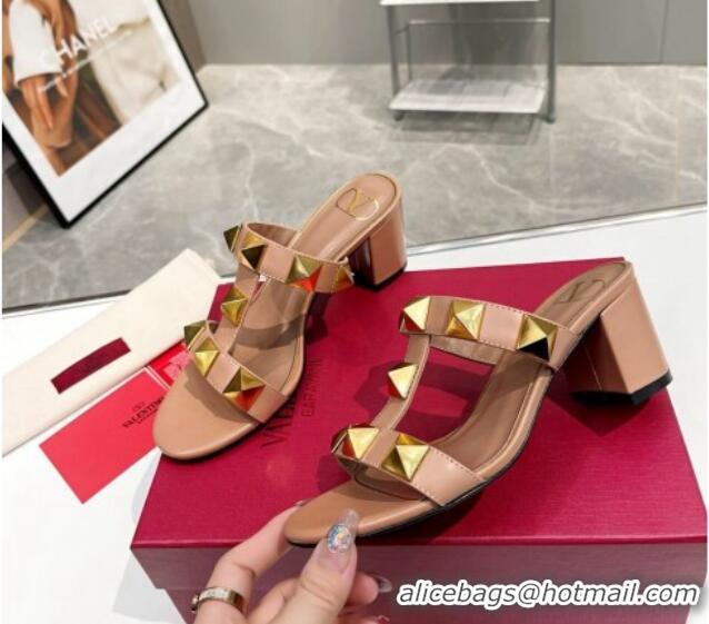 Top Design Valentino Roman Stud Leather Medium Heel Slide Sandals 6cm Light Brown 403036