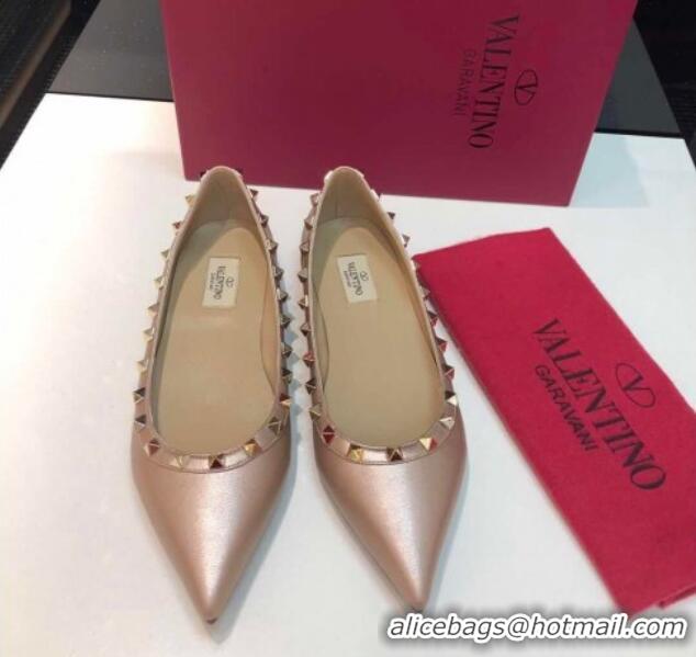 Stylish Valentino Rockstud Metallic Lambskin Flat Ballerinas Pink 403038