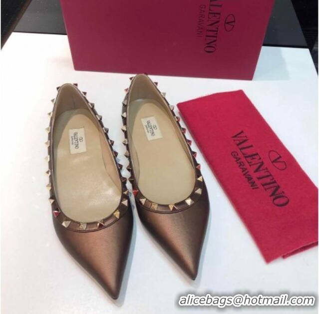 Duplicate Valentino Rockstud Metallic Lambskin Flat Ballerinas Bronze Gold 403039