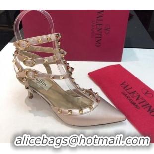 Good Quality Valentino Rockstud Metallic Lambskin Medium Heel Pumps 6.5cm with Three Straps Pink 403040