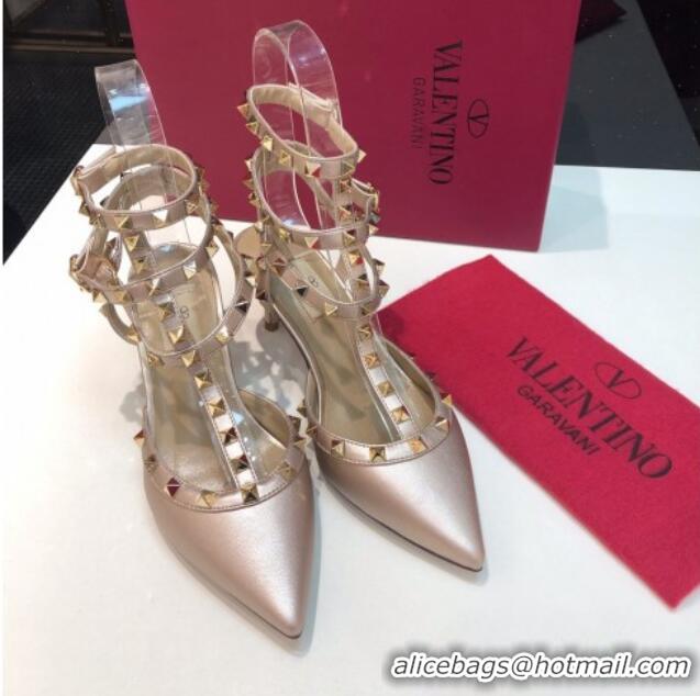 Good Quality Valentino Rockstud Metallic Lambskin Medium Heel Pumps 6.5cm with Three Straps Pink 403040